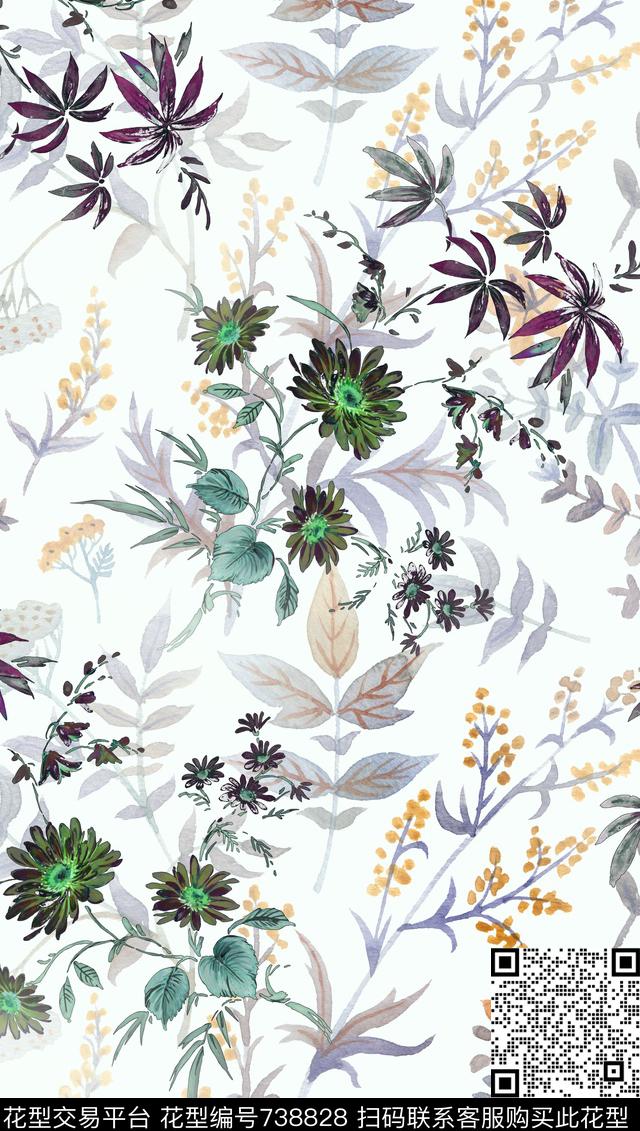 手绘花卉野花数码印花华亿平台下载（图片编号: 738828） - 瓦栏（Walan）