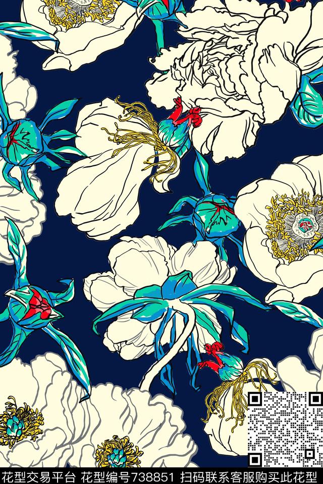 线描花卉牡丹线描线条花传统印花华亿平台下载（图片编号: 738851） - 瓦栏（Walan）