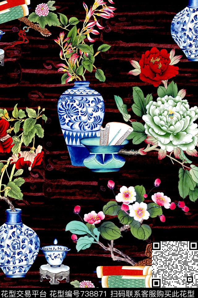 中国风花瓶花卉数码印花华亿平台下载（图片编号: 738871） - 瓦栏（Walan）