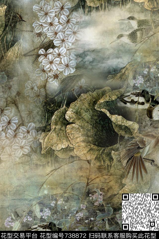 中国风山水花卉数码印花华亿平台下载（图片编号: 738872） - 瓦栏（Walan）