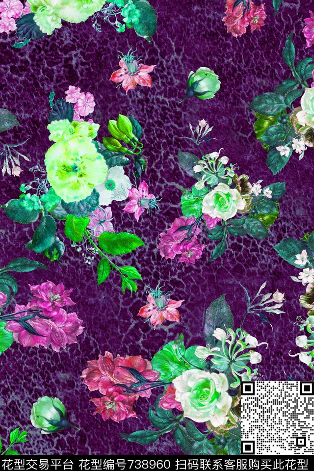 大花花朵花卉数码印花华亿平台下载（图片编号: 738960） - 瓦栏（Walan）