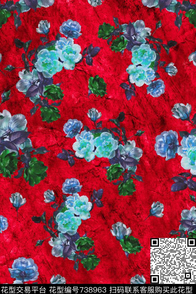 大花花卉花朵数码印花华亿平台下载（图片编号: 738963） - 瓦栏（Walan）