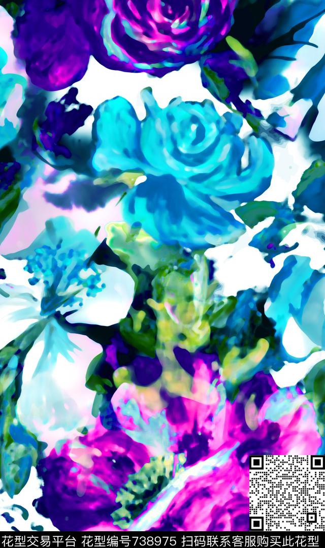 乱花大花花朵数码印花华亿平台下载（图片编号: 738975） - 瓦栏（Walan）