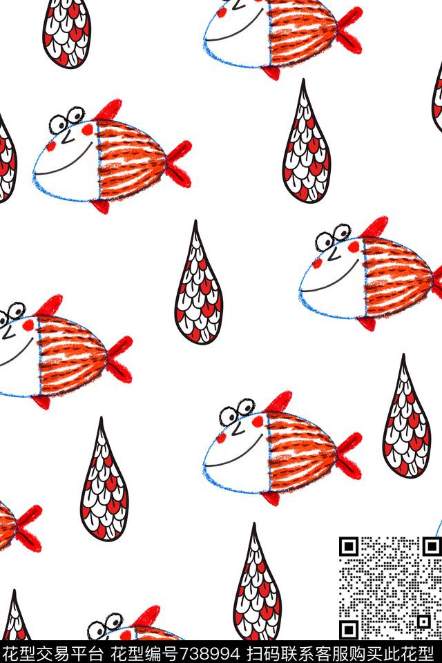 手绘趣味鱼数码印花华亿平台下载（图片编号: 738994） - 瓦栏（Walan）