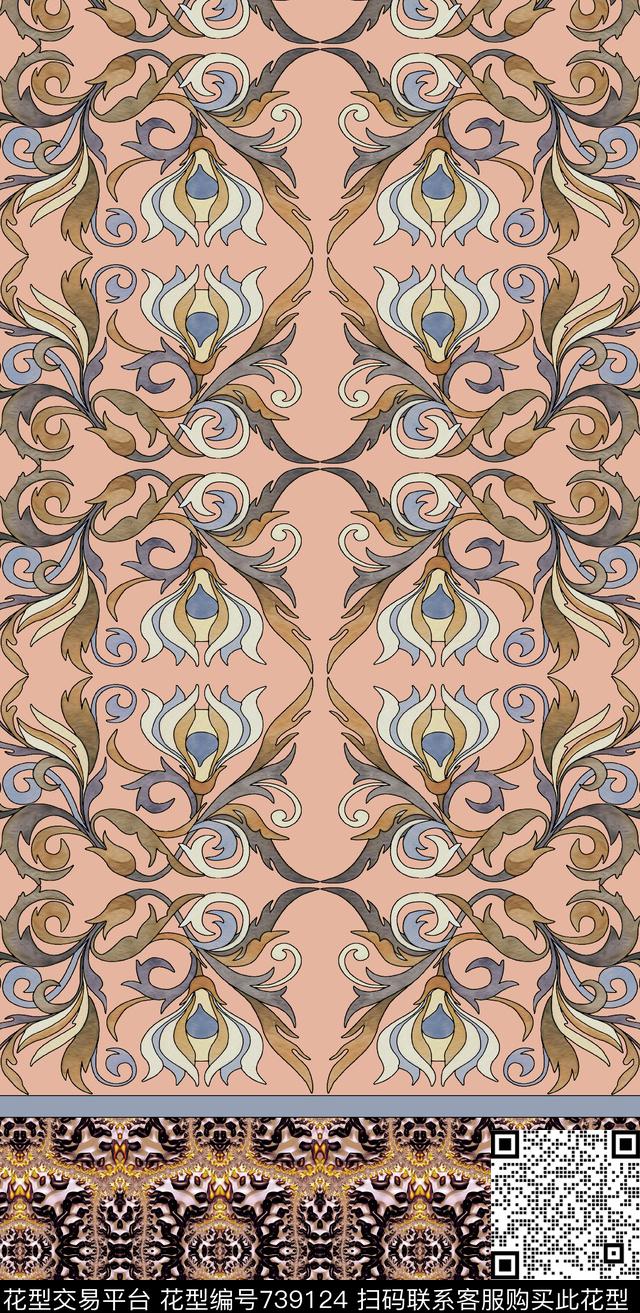 民族风花卉线描传统印花华亿平台下载（图片编号: 739124） - 瓦栏（Walan）