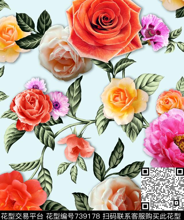大花牡丹玫瑰数码印花华亿平台下载（图片编号: 739178） - 瓦栏（Walan）
