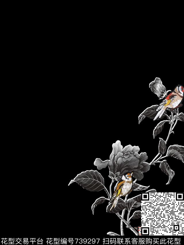 花卉小鸟绣花数码印花华亿平台下载（图片编号: 739297） - 瓦栏（Walan）