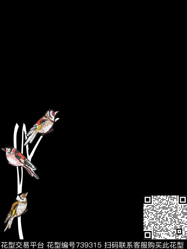 线条绣花小鸟数码印花华亿平台下载（图片编号: 739315） - 瓦栏（Walan）