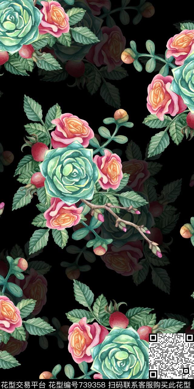 乱花大花花卉数码印花华亿平台下载（图片编号: 739358） - 瓦栏（Walan）