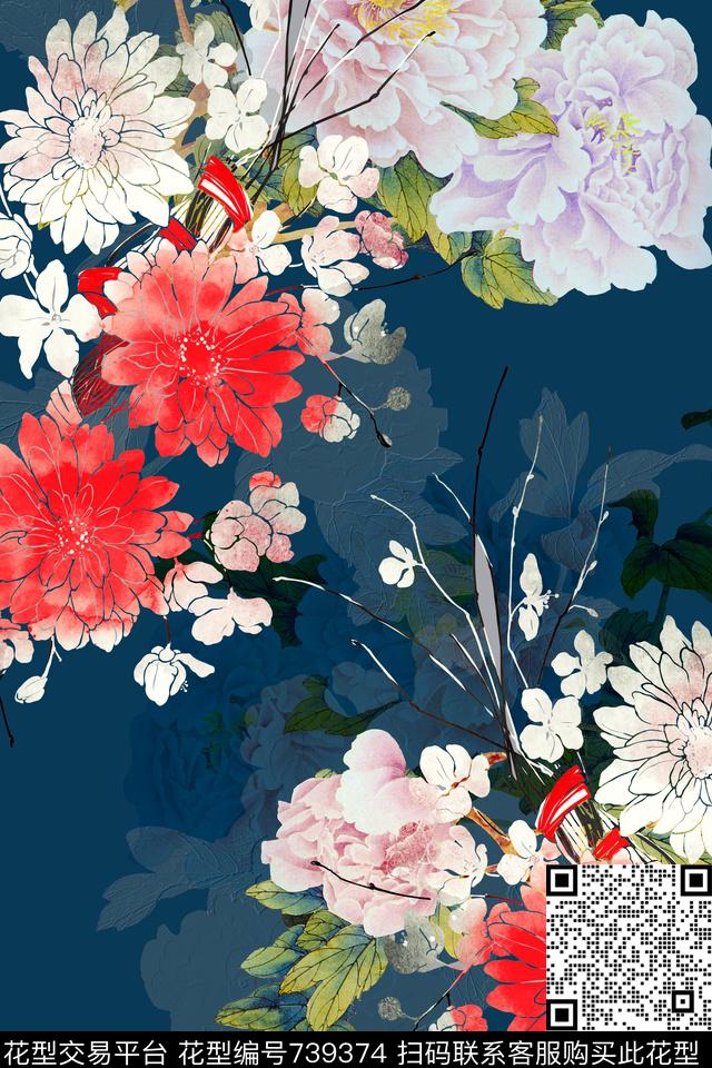 中国风水墨画工笔画素雅数码印花华亿平台下载（图片编号: 739374） - 瓦栏（Walan）