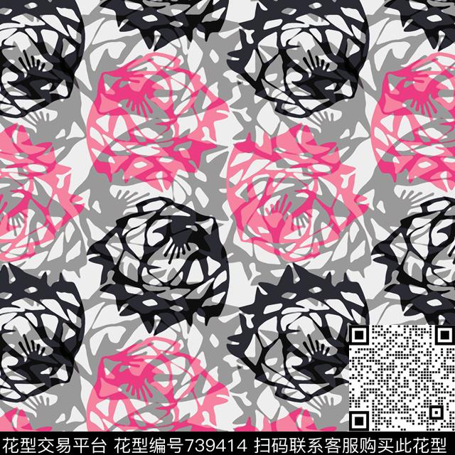 大花花卉手绘传统印花华亿平台下载（图片编号: 739414） - 瓦栏（Walan）