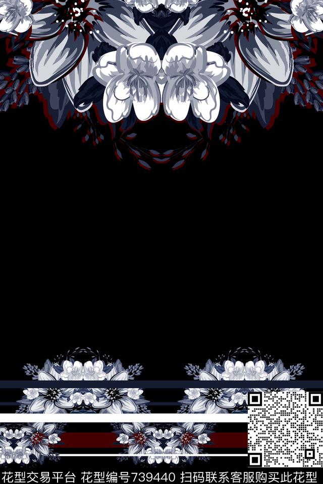 花卉几何黑白数码印花华亿平台下载（图片编号: 739440） - 瓦栏（Walan）