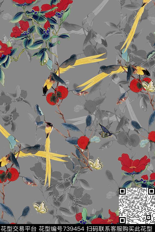 花鸟国画山茶花数码印花华亿平台下载（图片编号: 739454） - 瓦栏（Walan）