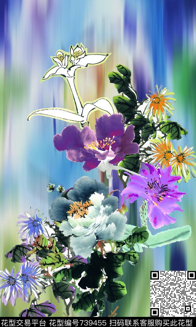手绘牡丹渐变数码印花华亿平台下载（图片编号: 739455） - 瓦栏（Walan）