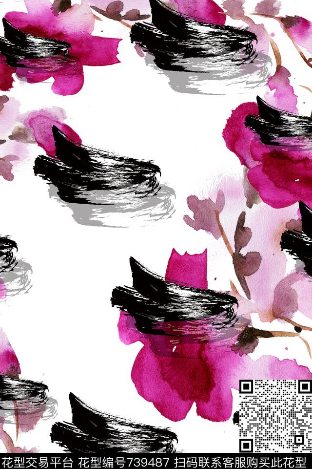 桃花水墨花山水画数码印花华亿平台下载（图片编号: 739487） - 瓦栏（Walan）