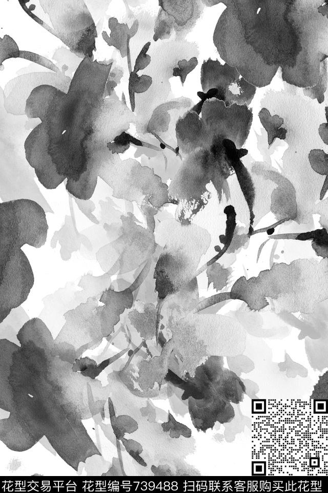 桃花花卉水墨花数码印花华亿平台下载（图片编号: 739488） - 瓦栏（Walan）