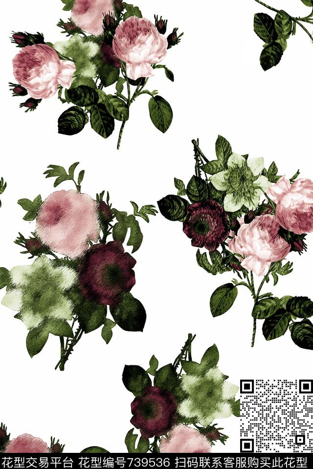 数码花大气花卉白底乱花数码印花华亿平台下载（图片编号: 739536） - 瓦栏（Walan）