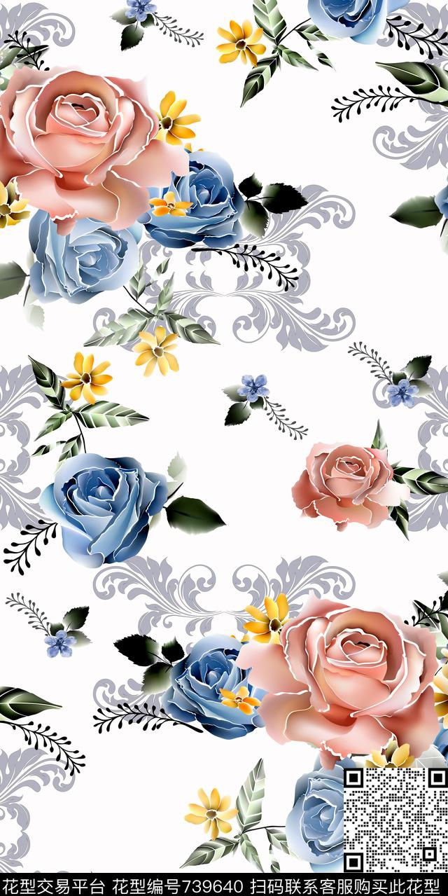数码花卉类大花花卉数码印花华亿平台下载（图片编号: 739640） - 瓦栏（Walan）