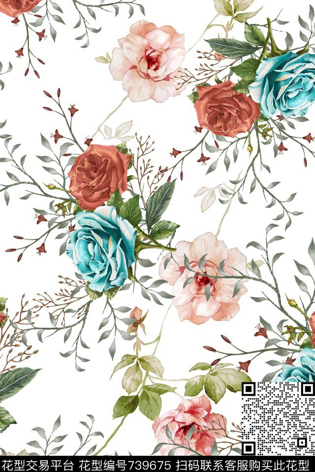 手绘玫瑰枝叶数码印花华亿平台下载（图片编号: 739675） - 瓦栏（Walan）