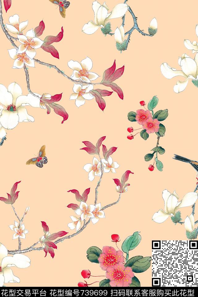 中国风花鸟蝴蝶工笔画数码印花华亿平台下载（图片编号: 739699） - 瓦栏（Walan）