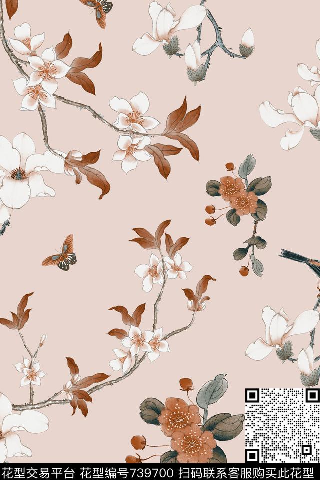 中国风花鸟蝴蝶工笔画数码印花华亿平台下载（图片编号: 739700） - 瓦栏（Walan）