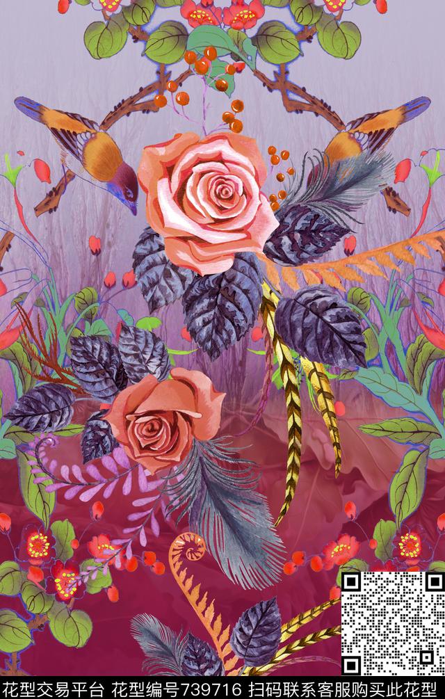 手绘玫瑰花卉数码印花华亿平台下载（图片编号: 739716） - 瓦栏（Walan）