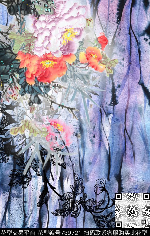 水墨花卉牡丹数码印花华亿平台下载（图片编号: 739721） - 瓦栏（Walan）