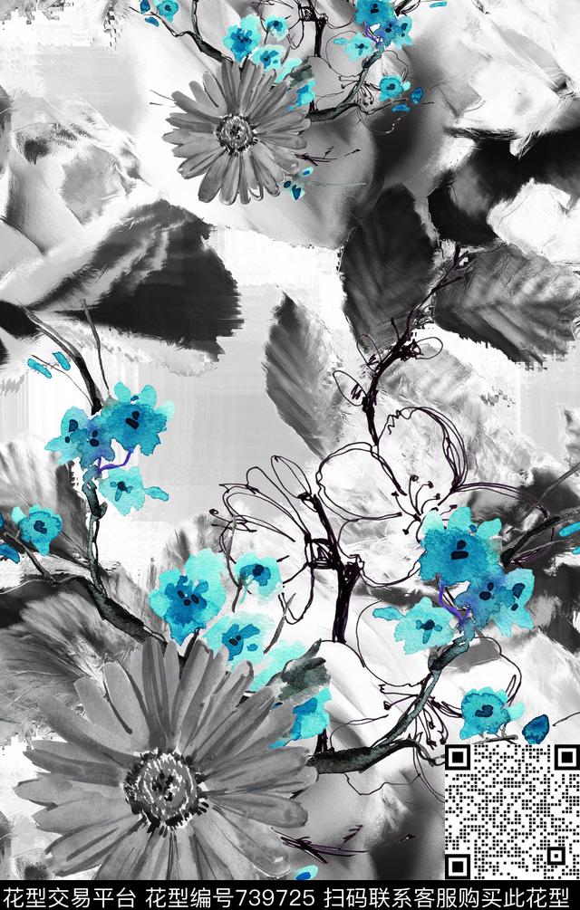 手绘花卉水墨数码印花华亿平台下载（图片编号: 739725） - 瓦栏（Walan）