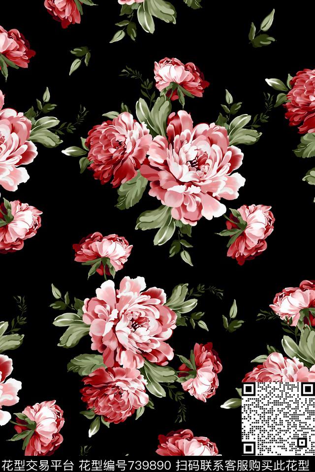 大花花朵花卉数码印花华亿平台下载（图片编号: 739890） - 瓦栏（Walan）