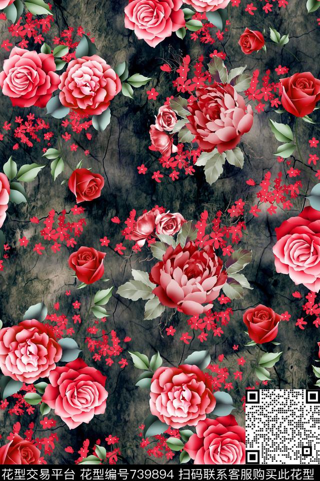 大花花朵花卉数码印花华亿平台下载（图片编号: 739894） - 瓦栏（Walan）