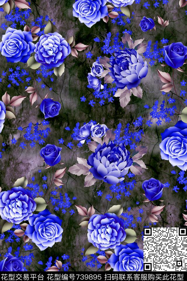 大花花朵花卉数码印花华亿平台下载（图片编号: 739895） - 瓦栏（Walan）