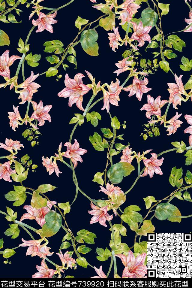 手绘花卉喇叭花数码印花华亿平台下载（图片编号: 739920） - 瓦栏（Walan）