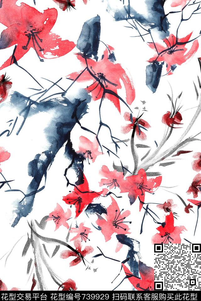 手绘水墨花卉数码印花华亿平台下载（图片编号: 739929） - 瓦栏（Walan）
