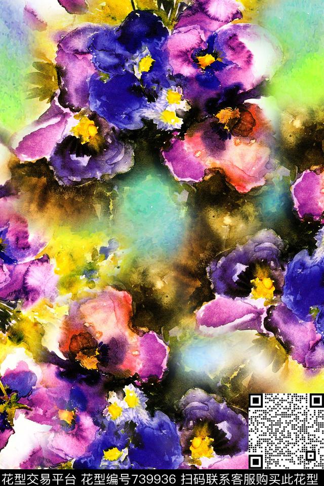 花朵花卉散花数码印花华亿平台下载（图片编号: 739936） - 瓦栏（Walan）