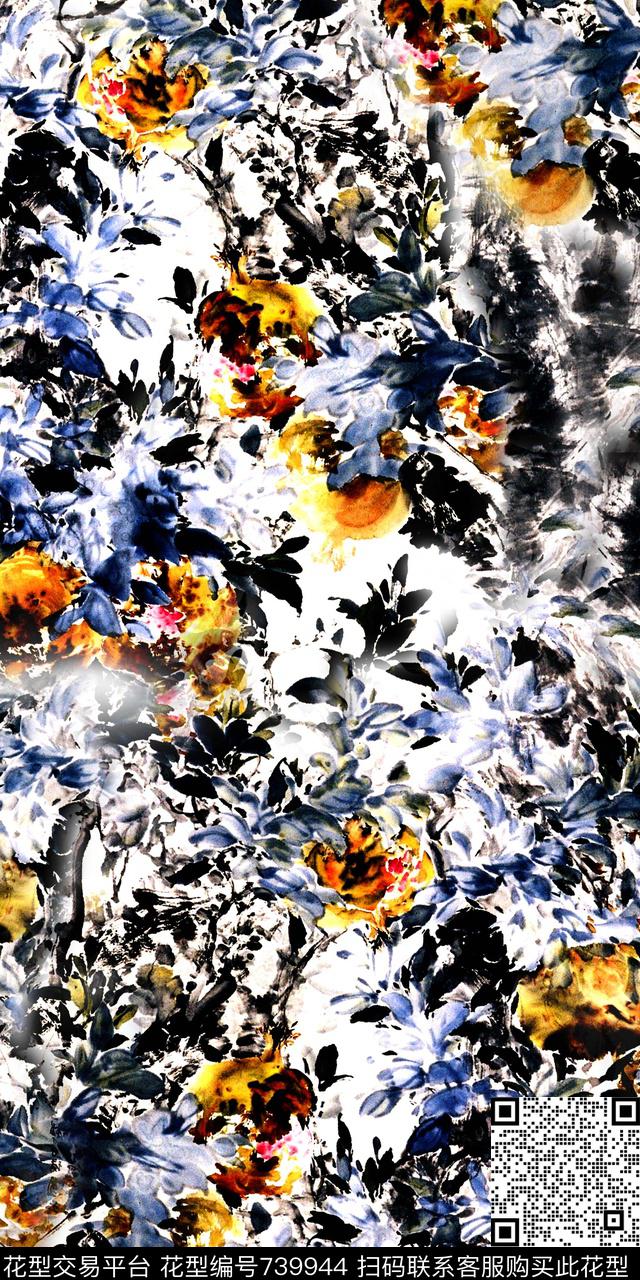 水彩手绘抽象花卉花朵数码印花华亿平台下载（图片编号: 739944） - 瓦栏（Walan）