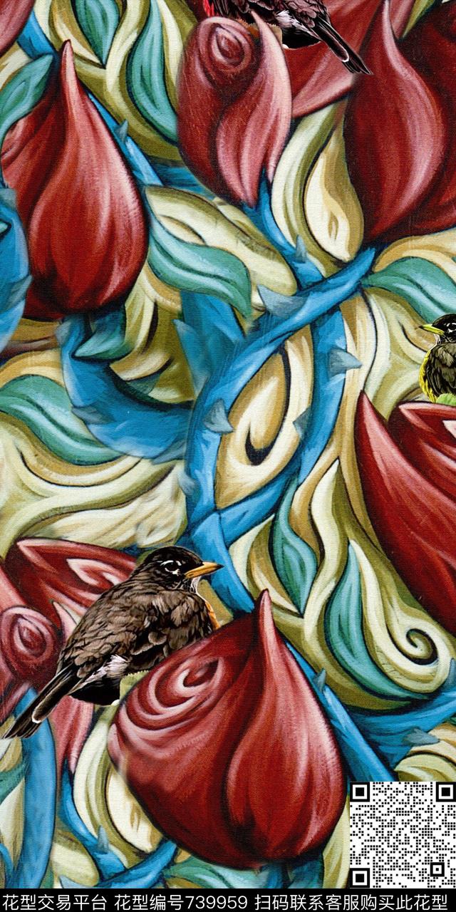 郁金香鸟油画数码印花华亿平台下载（图片编号: 739959） - 瓦栏（Walan）