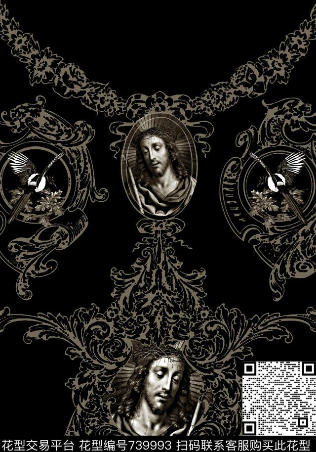 复古花纹人物像男装T恤华亿平台数码印花华亿平台下载（图片编号: 739993） - 瓦栏（Walan）