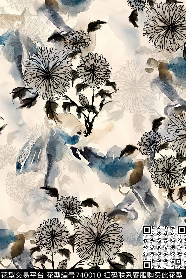花卉中国风水墨纹理数码印花华亿平台下载（图片编号: 740010） - 瓦栏（Walan）