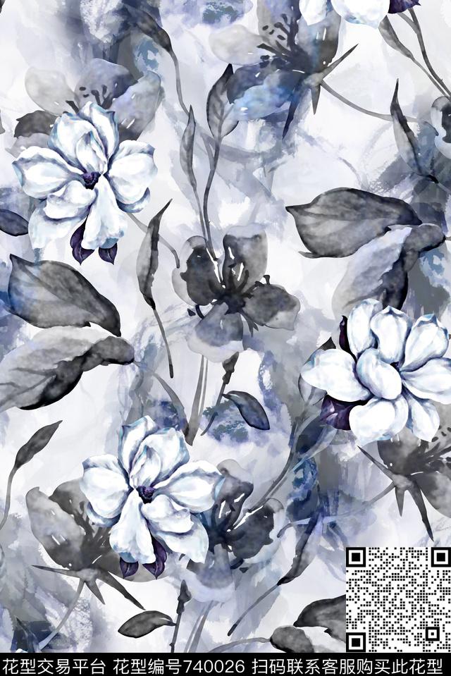 复古花卉水彩花卉女装华亿平台数码印花华亿平台下载（图片编号: 740026） - 瓦栏（Walan）