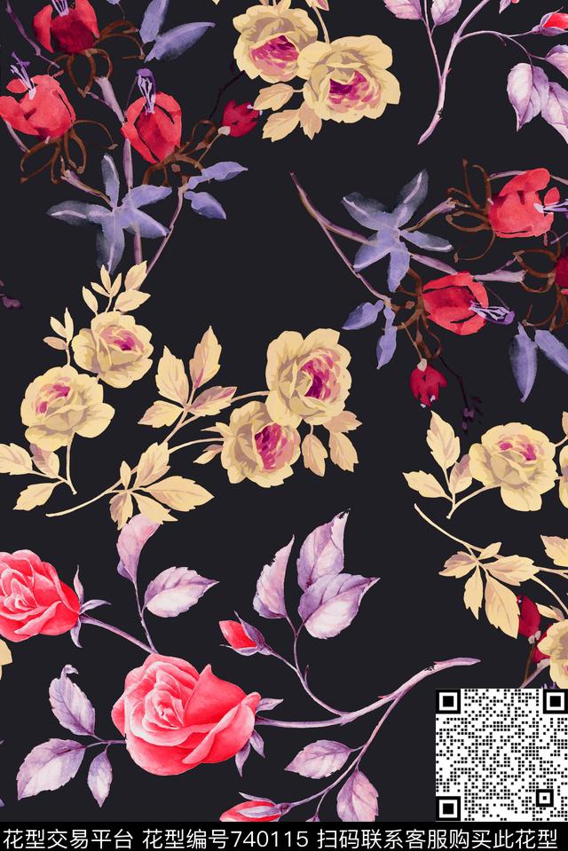 手绘花卉玫瑰数码印花华亿平台下载（图片编号: 740115） - 瓦栏（Walan）