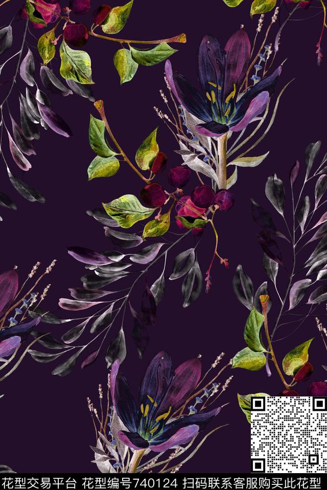 手绘叶子花卉数码印花华亿平台下载（图片编号: 740124） - 瓦栏（Walan）