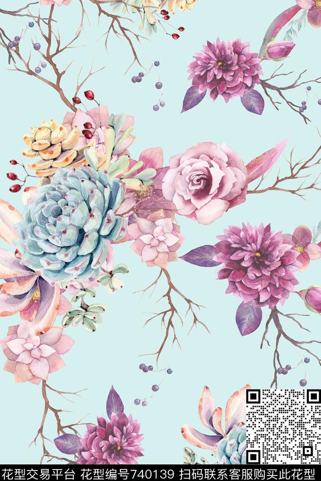 手绘多肉植物数码印花华亿平台下载（图片编号: 740139） - 瓦栏（Walan）