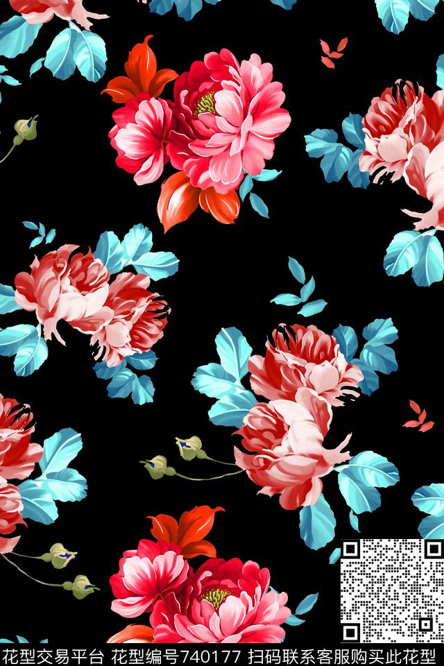 大花花朵花卉数码印花华亿平台下载（图片编号: 740177） - 瓦栏（Walan）