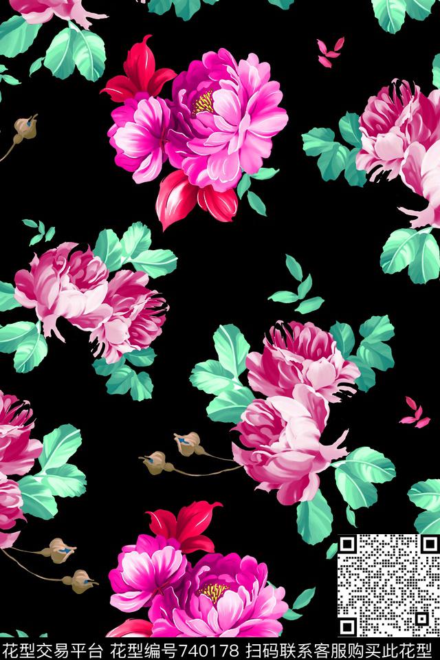 大花花朵花卉数码印花华亿平台下载（图片编号: 740178） - 瓦栏（Walan）