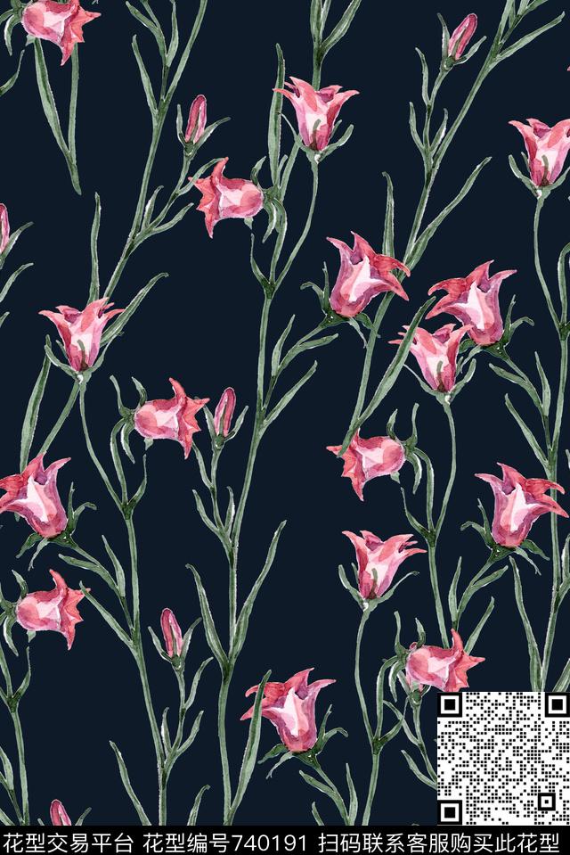 手绘花卉郁金香数码印花华亿平台下载（图片编号: 740191） - 瓦栏（Walan）