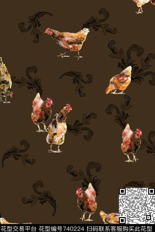 动物纹鸡复古数码印花华亿平台下载（图片编号: 740224） - 瓦栏（Walan）