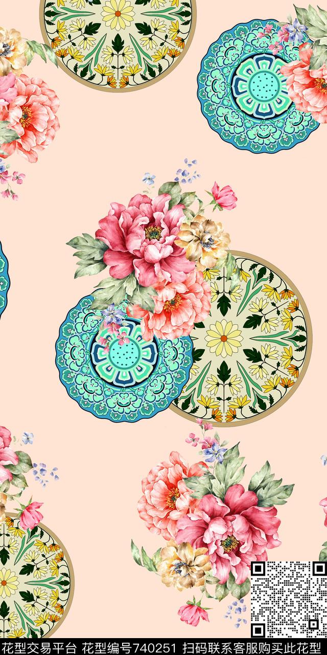 牡丹花卉圆圈数码印花华亿平台下载（图片编号: 740251） - 瓦栏（Walan）
