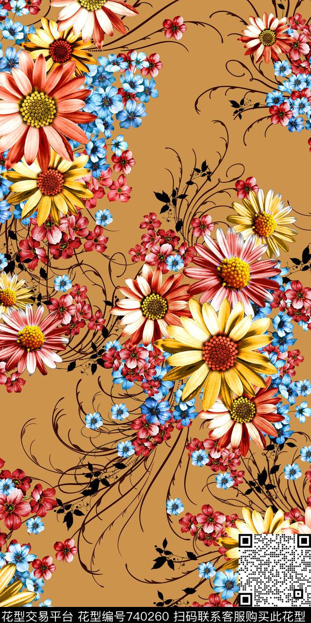 菊花雏菊小碎花传统印花华亿平台下载（图片编号: 740260） - 瓦栏（Walan）