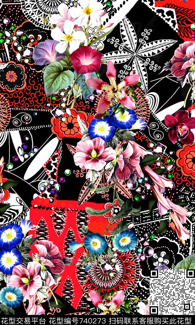 原创花卉宝石数码印花华亿平台下载（图片编号: 740273） - 瓦栏（Walan）