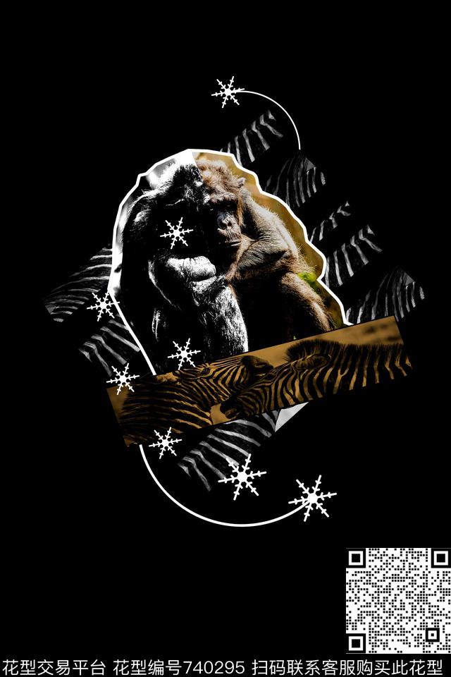 趣味动物猴子猩猩斑马纹数码印花华亿平台下载（图片编号: 740295） - 瓦栏（Walan）